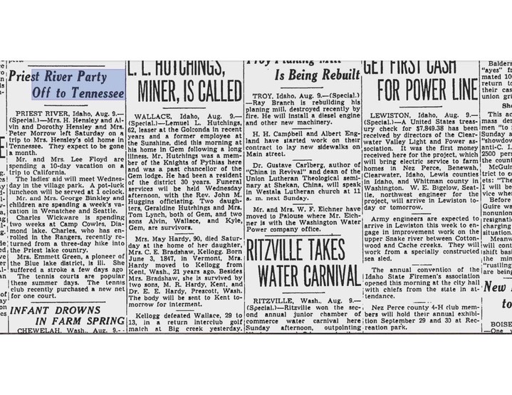 Spokane Daily Chronicle 9AUG1937 Pg 16 Hensleys Vaca To TN
