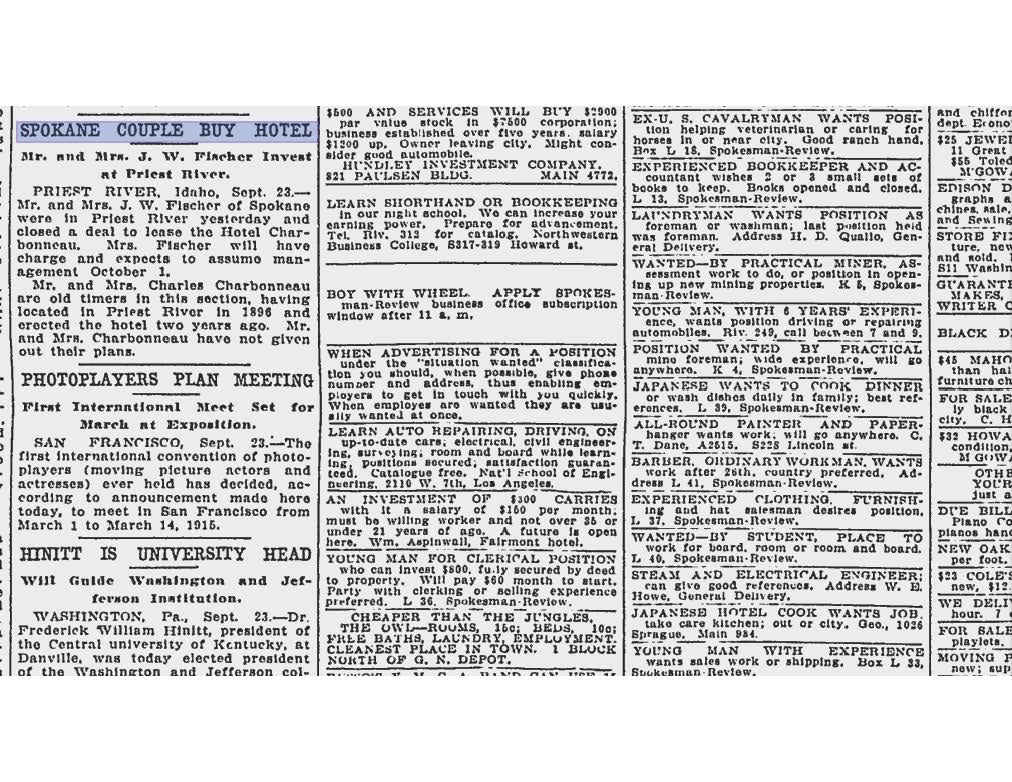 The Spokesman Review 24SEP1914 Pg7 Lease of Hotel